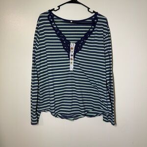 We The Free Navy and Green Striped Long Sleeve Top